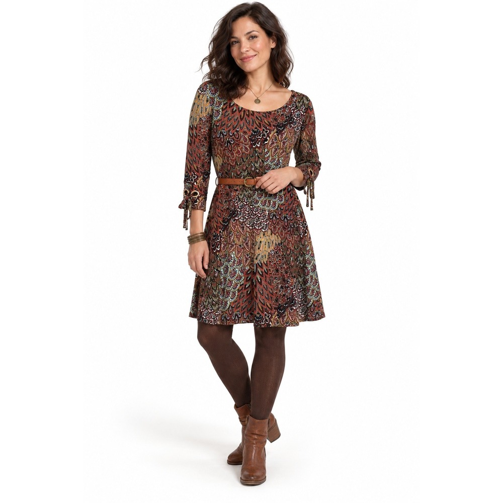 Boho Paisley Dress Petite L Brown Earthy Artsy Fall 3/4 Sleeve Stretch Floral